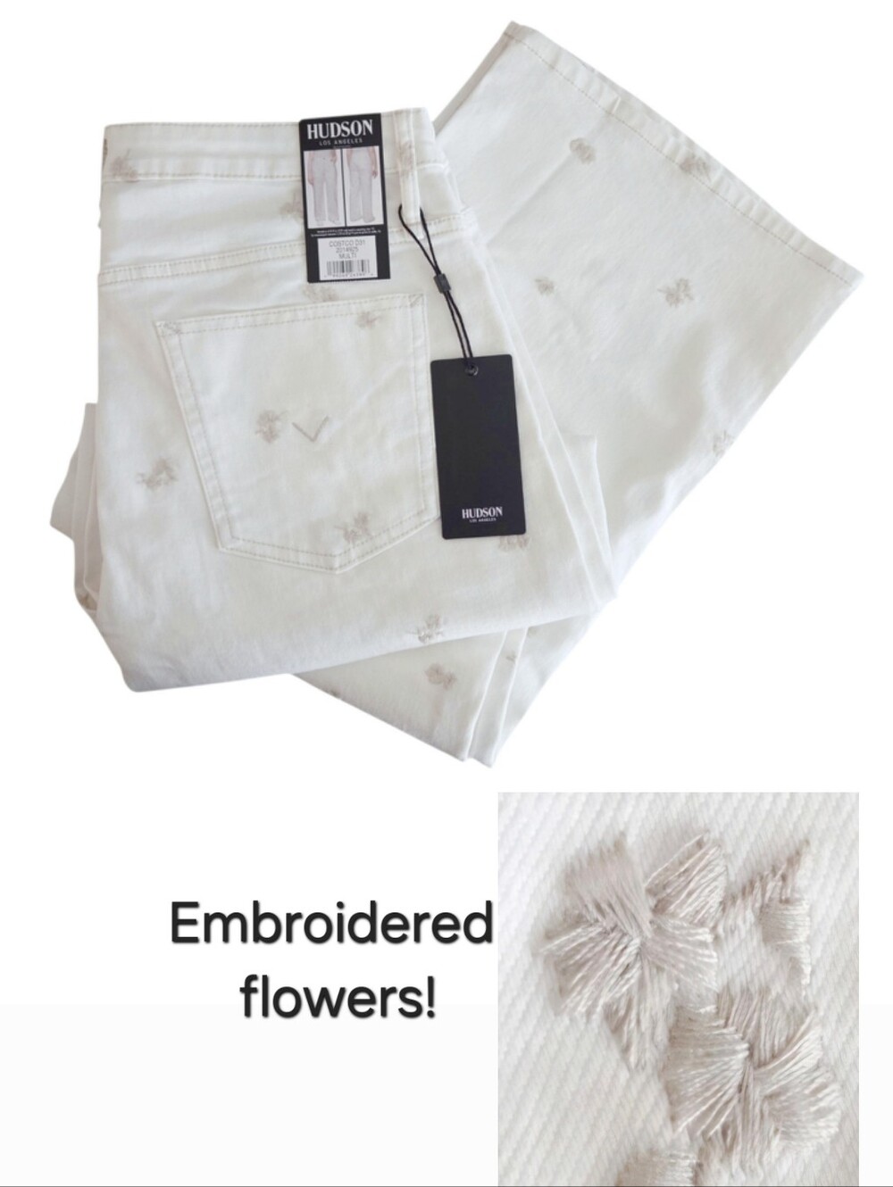 Hudson Jeans women 12 white denim embroidered flowers high rise wide leg stretch